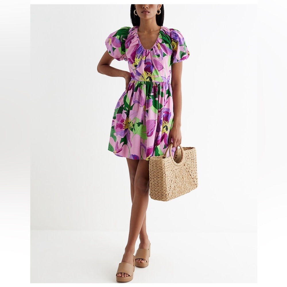 Large Floral V-neck Puff Sleeve Poplin Mini Dress, NWT